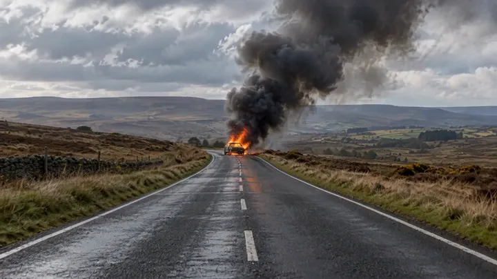 Burning car on a moorland road