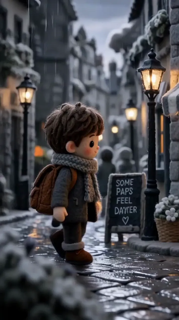 Felt boy in a rainy city