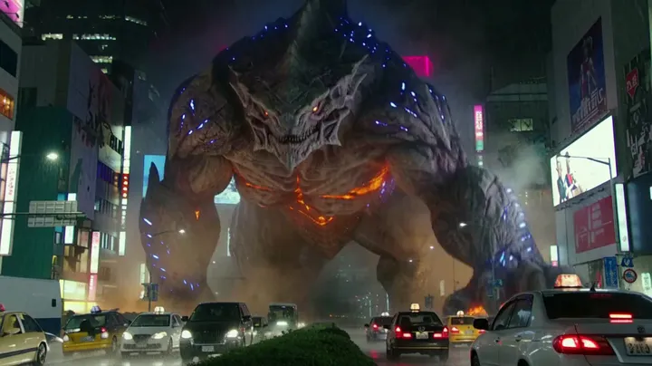 Mech versus monster in a rainy city