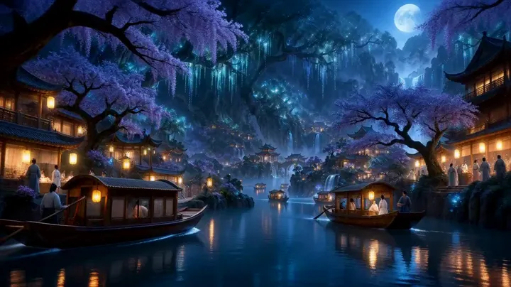 Eastern fantasy river at night