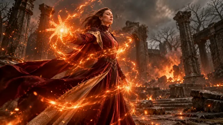 Fantasy mage in ancient ruins